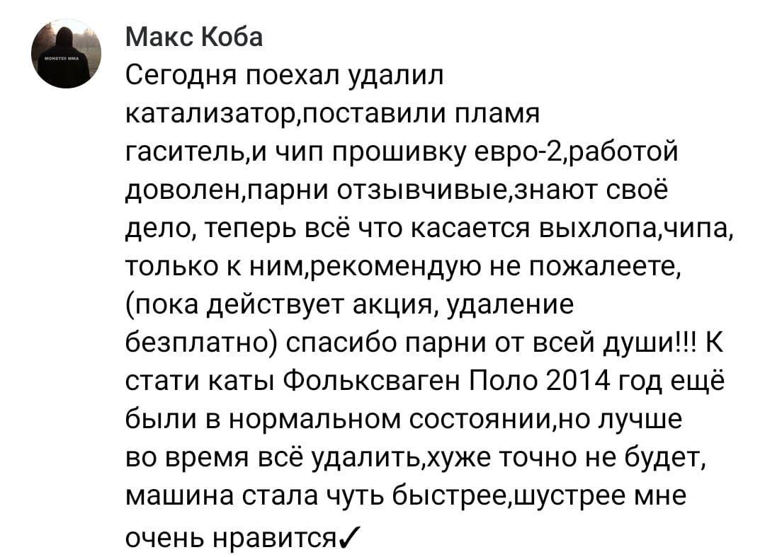 Положительный отзыв на услугу удаление катализаторов в Оренбурге